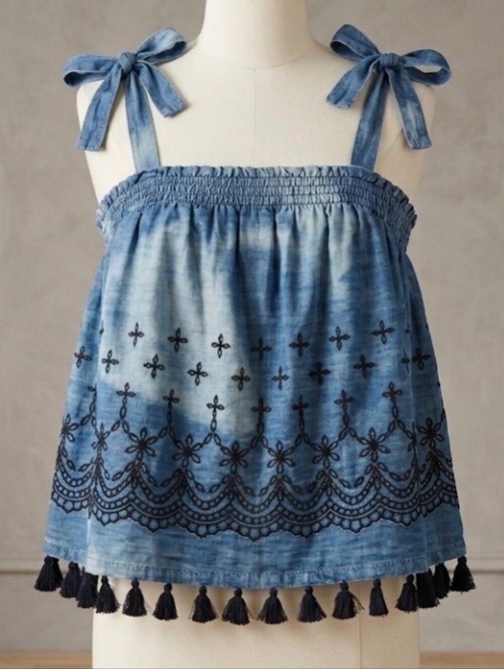 Crown & Ivy Embroidered Chambray Tassel Denim Tank Top Tie Strap Smocked Blue